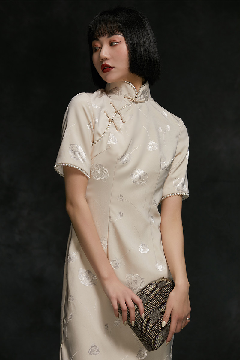 旗袍原创素色提花夏装短袖中长显瘦优雅旗袍