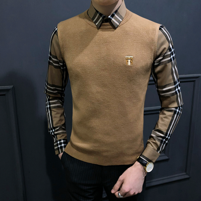 假两件毛衣男韩版潮流格子衬衫领秋冬季休闲上衣针织衫男装打底衫