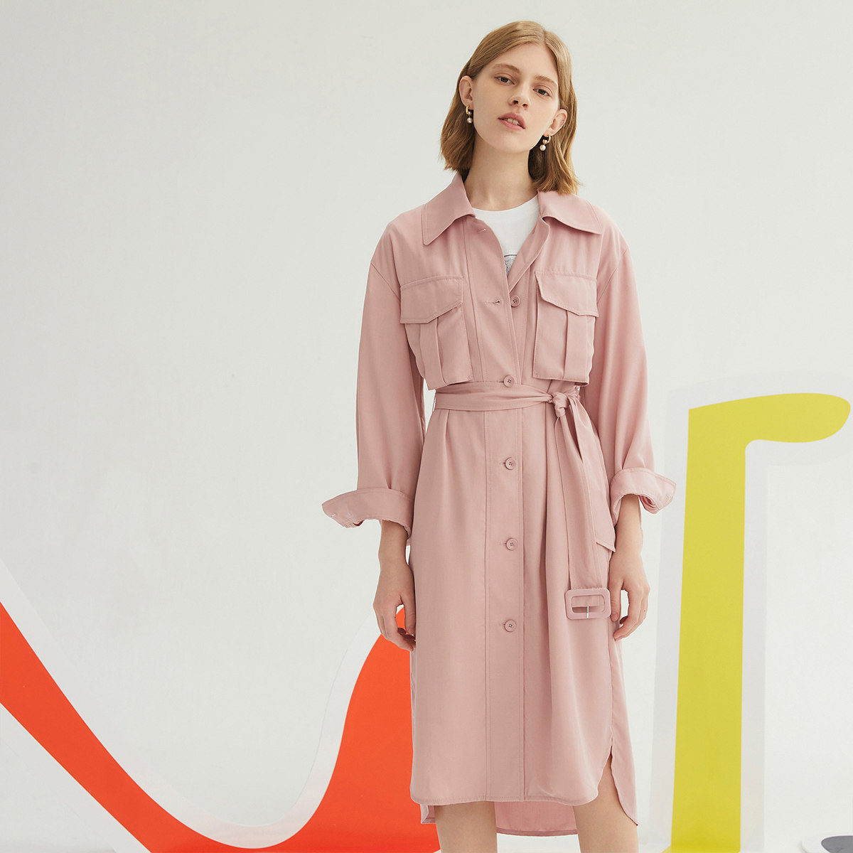 lily2020新款女装帅气工装口袋莱赛赛尔衬衫连衣裙连衣裙