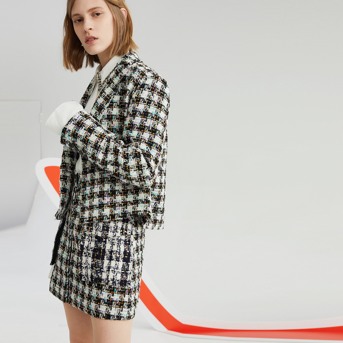 商场同款lily2020新款女装格纹花纱箱西装短外套短外套