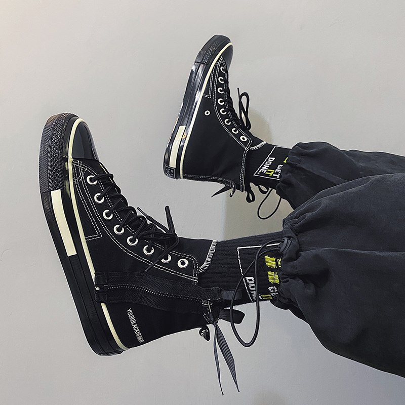 2022新款夏季机能风全黑色高帮帆布鞋男生韩版潮流百搭休闲板鞋潮