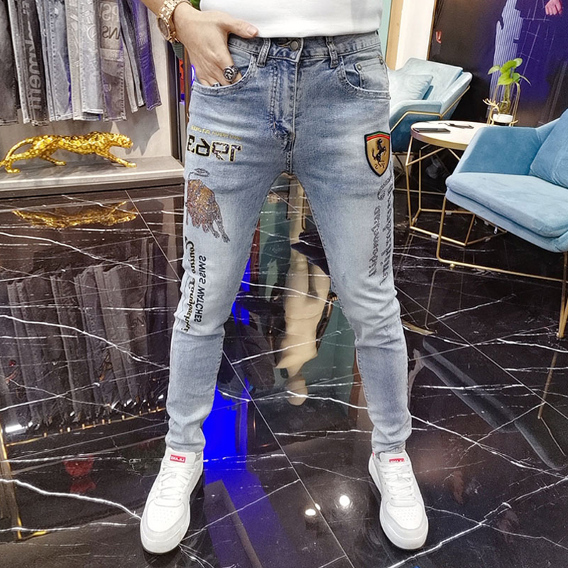 欧洲站春夏季新款潮牌牛仔裤男士金牛烫钻刺绣潮流修身小脚裤子男