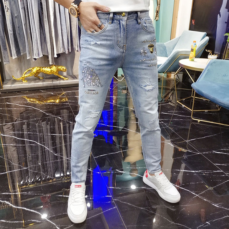 欧洲站夏季网红九分牛仔裤男潮流金牛烫钻破洞修身小脚潮牌男裤子