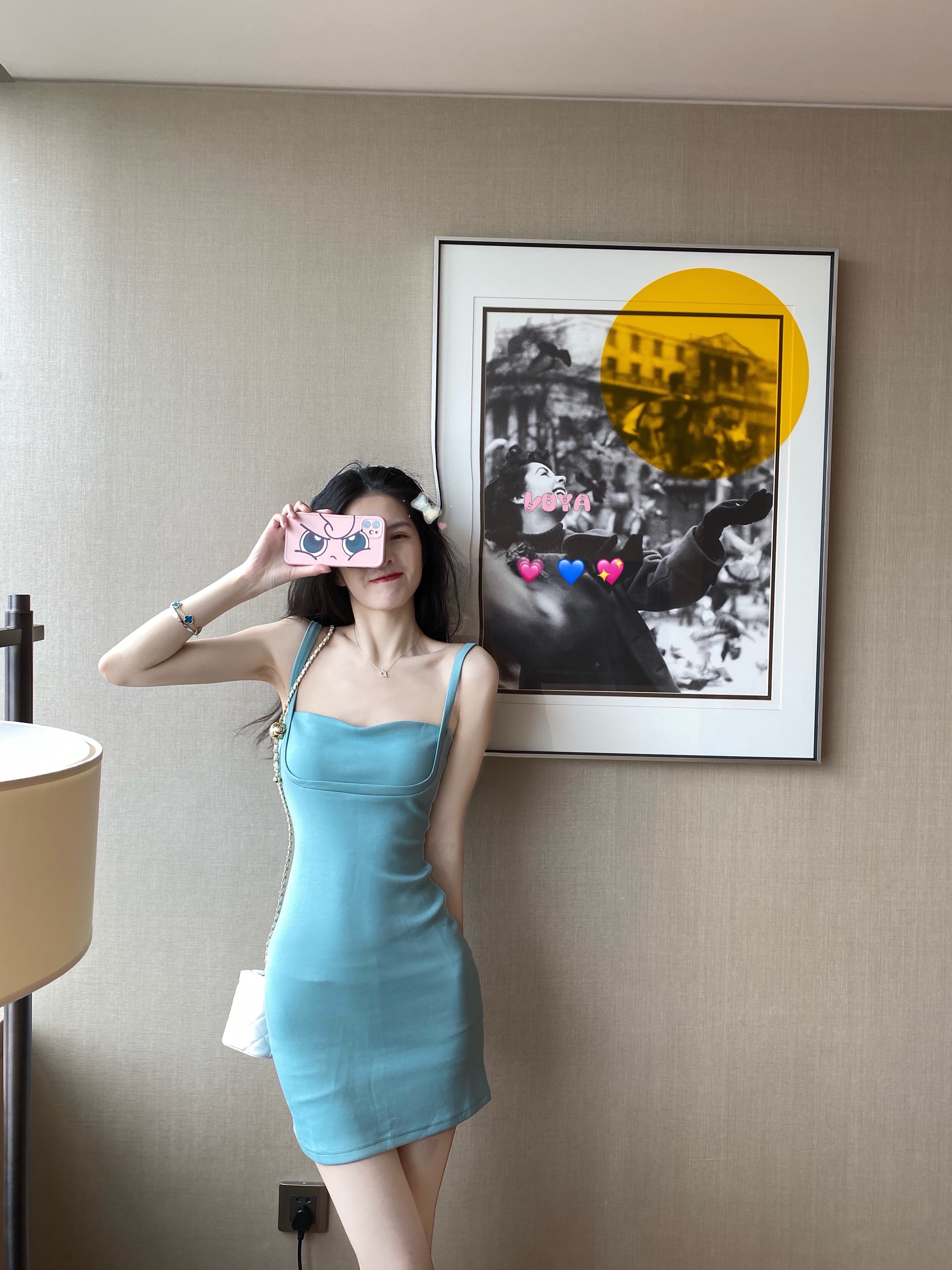 @uniken[哭着求】蓝色高弹吊带方领连衣裙女夏季性感修身包臀短裙