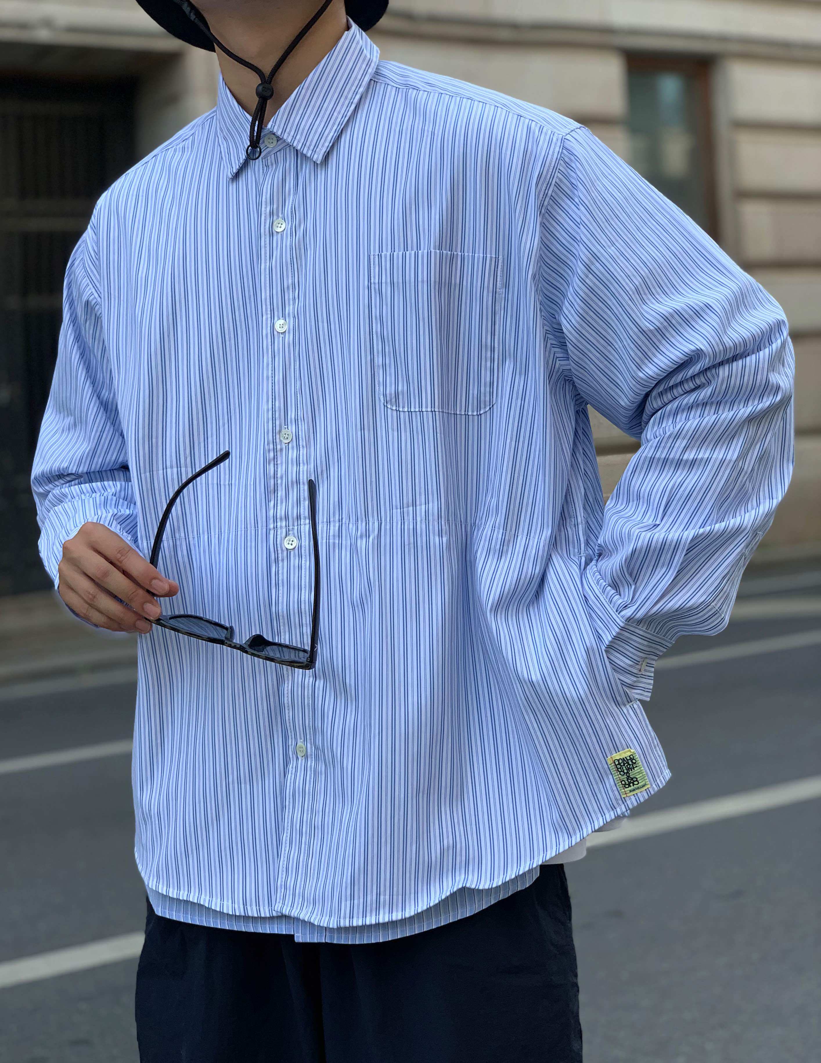 farwaybeamsssz20aw条纹蓝色格子口袋日潮休闲宽松衬衫