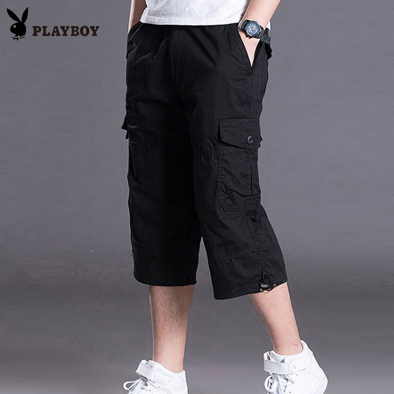 花花公子纯棉男士休闲工装短裤宽松直筒夏季潮流多口袋五七分中裤