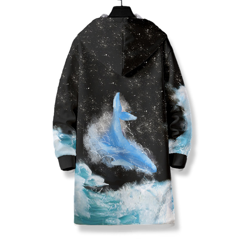 冬季加绒加厚男生风衣中长拉链外套衣服鲸鱼风衣