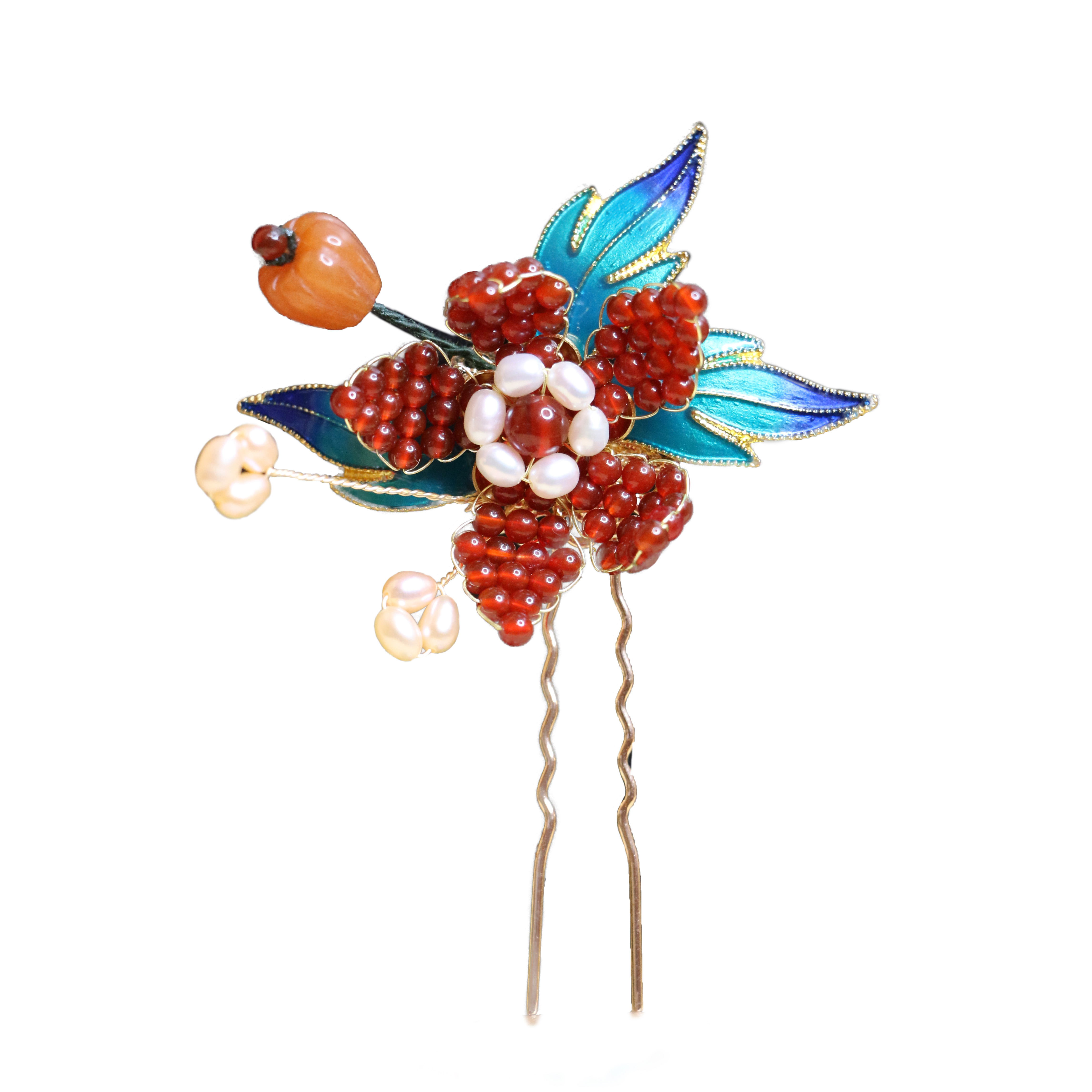 玛瑙烧蓝古装古风珠花发簪珠玉汉服设计原创发饰