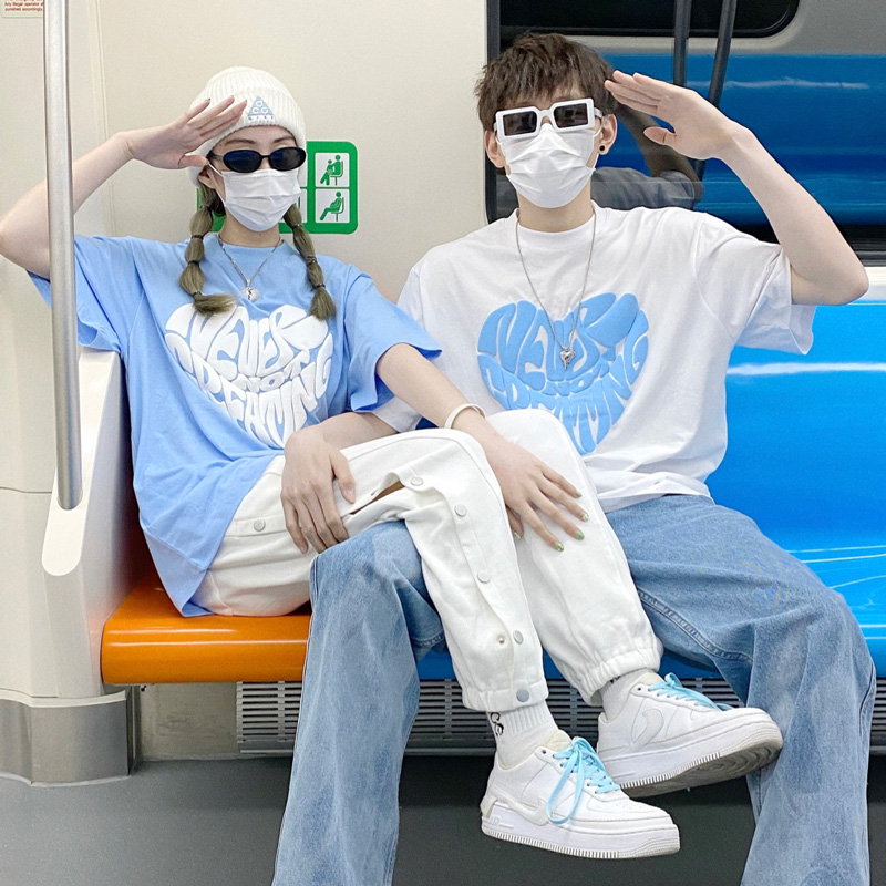 纯棉250g夏季设计感小众爱心浅奶油蓝色短袖T恤女不一样的情侣装