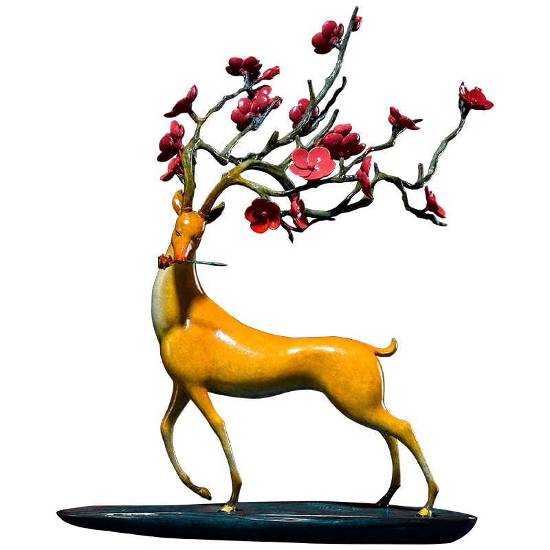招财福鹿纯铜客厅桌面摆件玄关纳福装饰品梅花鹿摆件