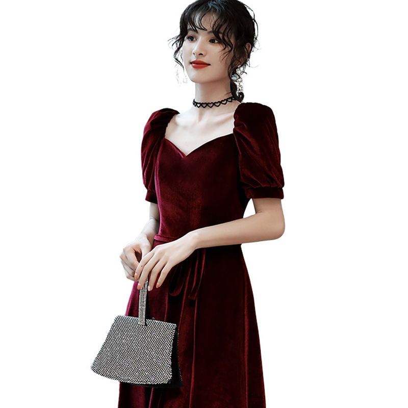 礼服丝绒裙长款红色显瘦宴会平时可穿气质敬酒礼服