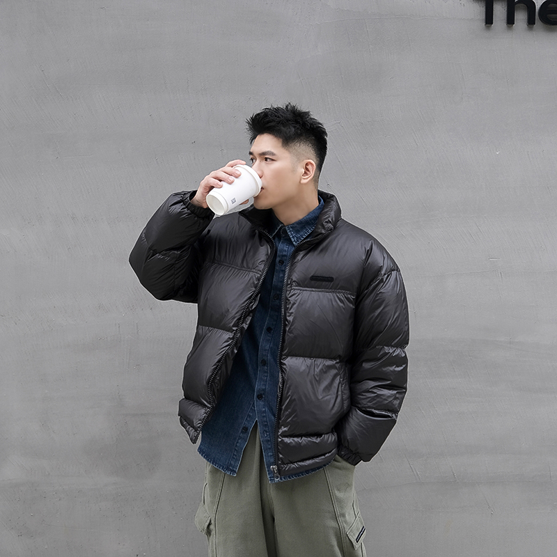 冬季羽绒服大码男款白鸭绒短款宽松面包服立领魔术贴加厚冬装外套