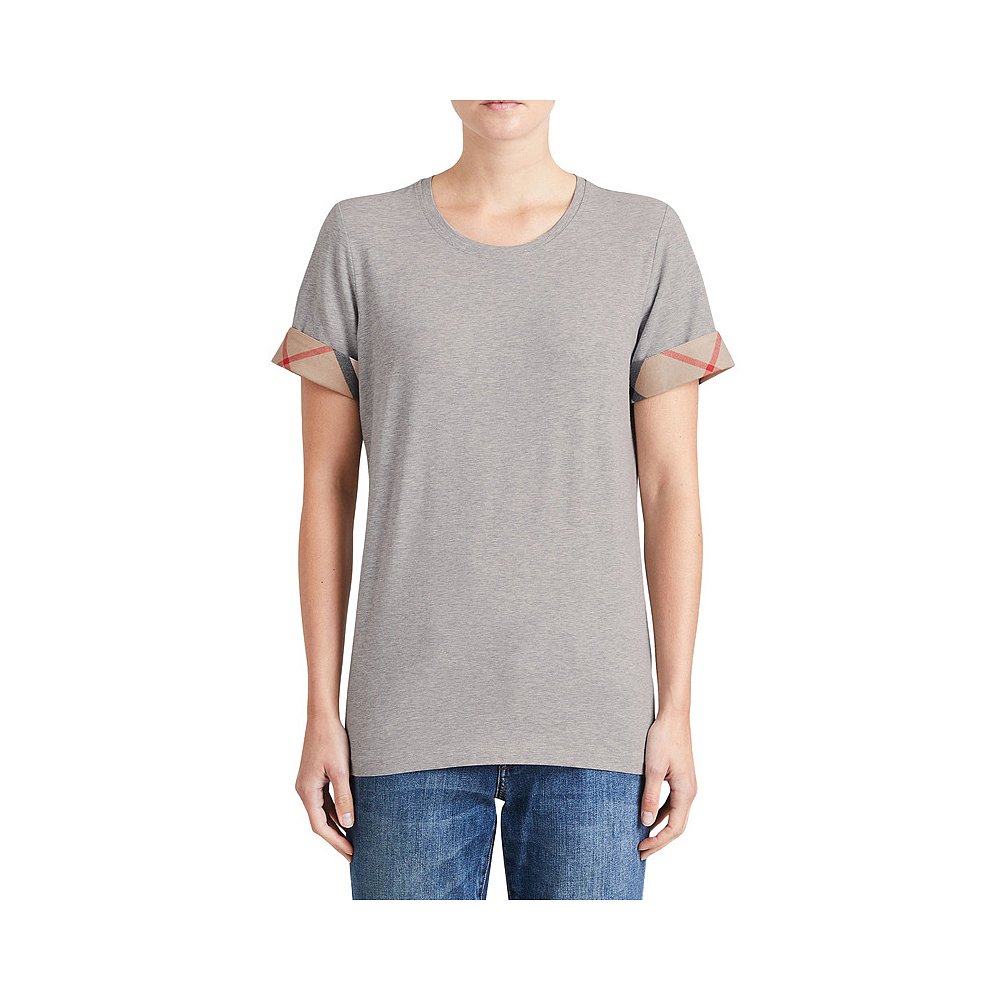 香港直邮burberry巴宝莉女装棉质灰色格子袖口短袖t恤