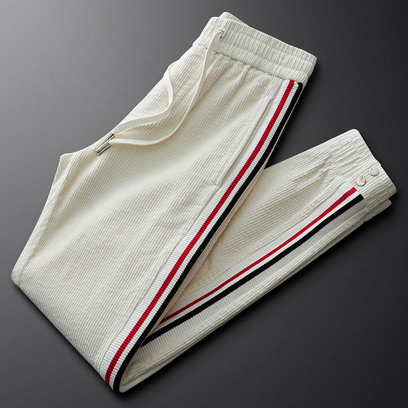 米黄纯棉休闲裤男2022秋冬条绒三色侧条纹撞色束脚运动灯芯绒裤帅