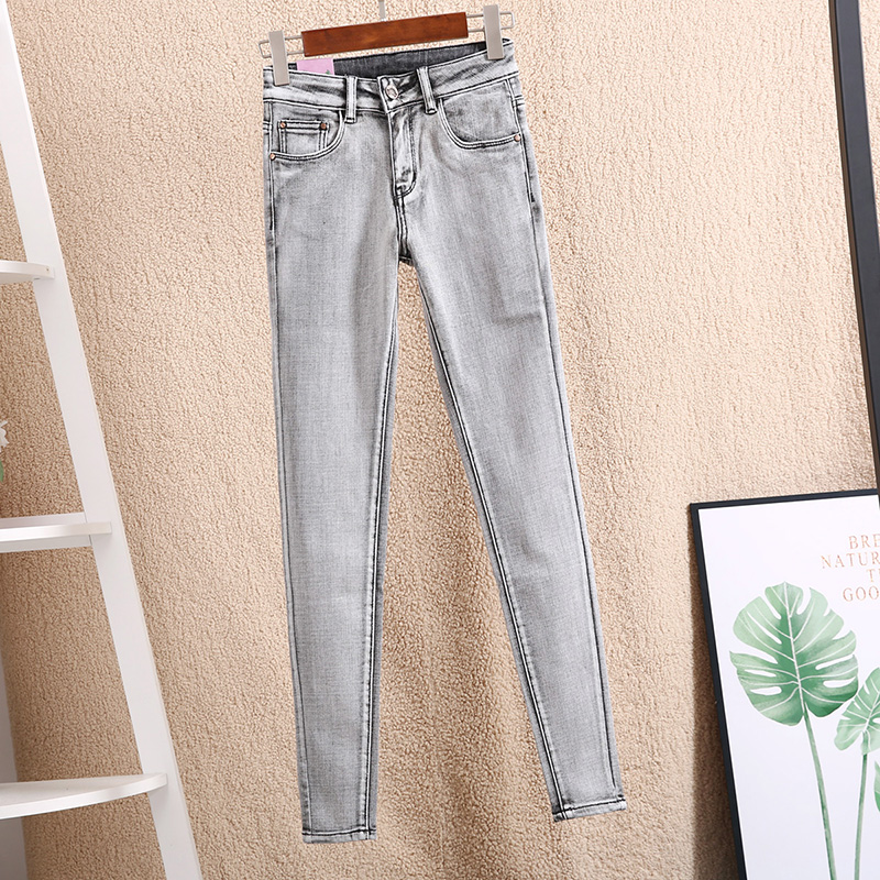 烟灰色牛仔裤女春季新款修身显瘦浅灰色小脚裤韩版紧身铅笔靴长裤