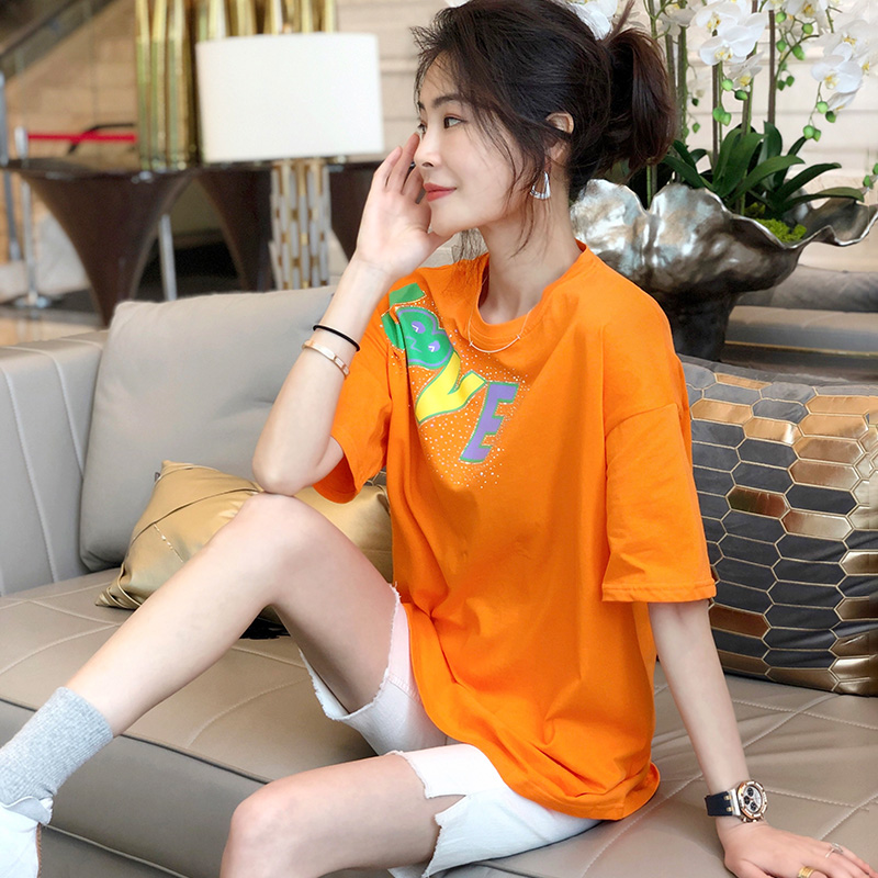 橘色字母短袖恤女大版宽松欧货潮牌印花上衣t恤
