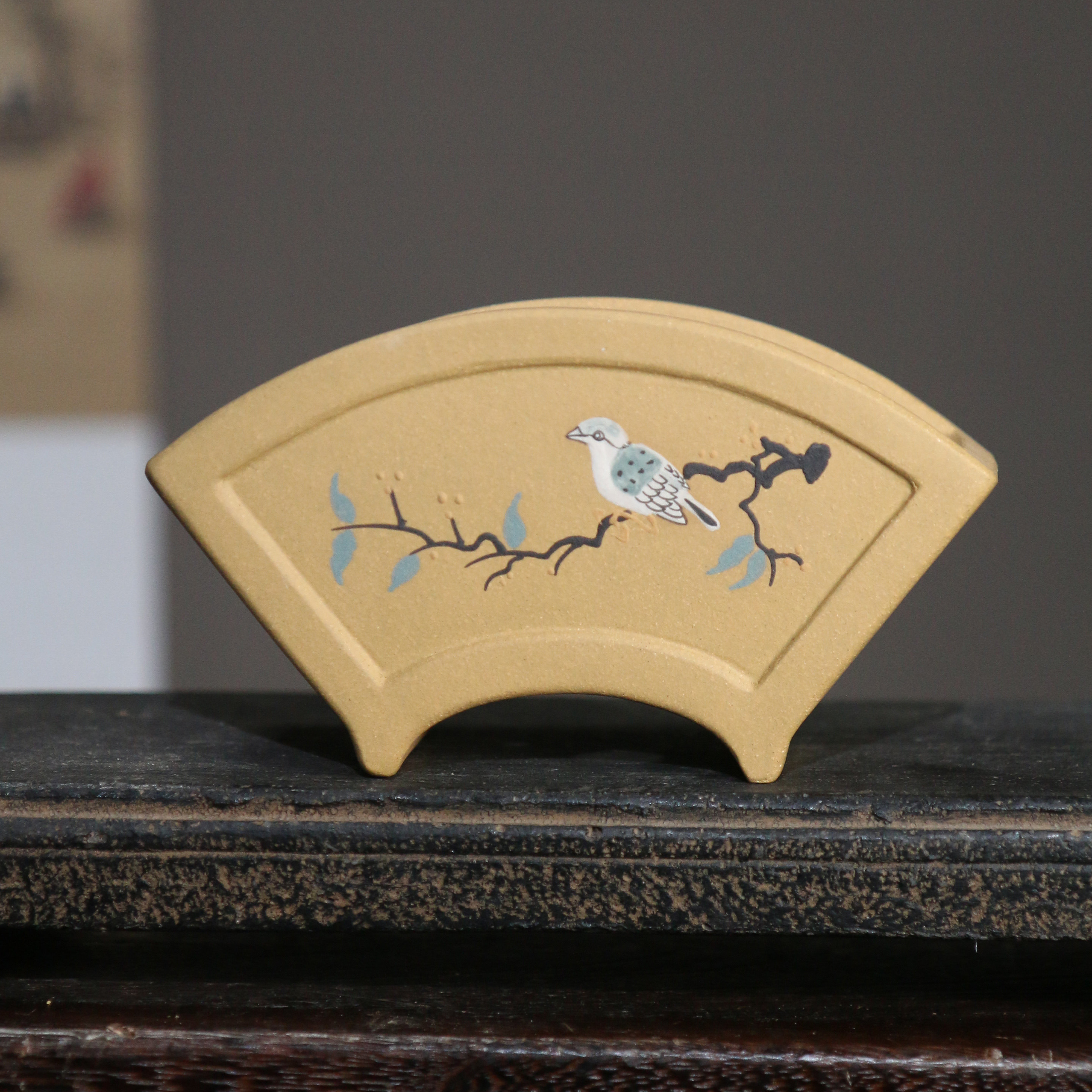 觅陶乡紫砂花盆扇形贴花泥绘苏玲手工桌面盆栽花盆