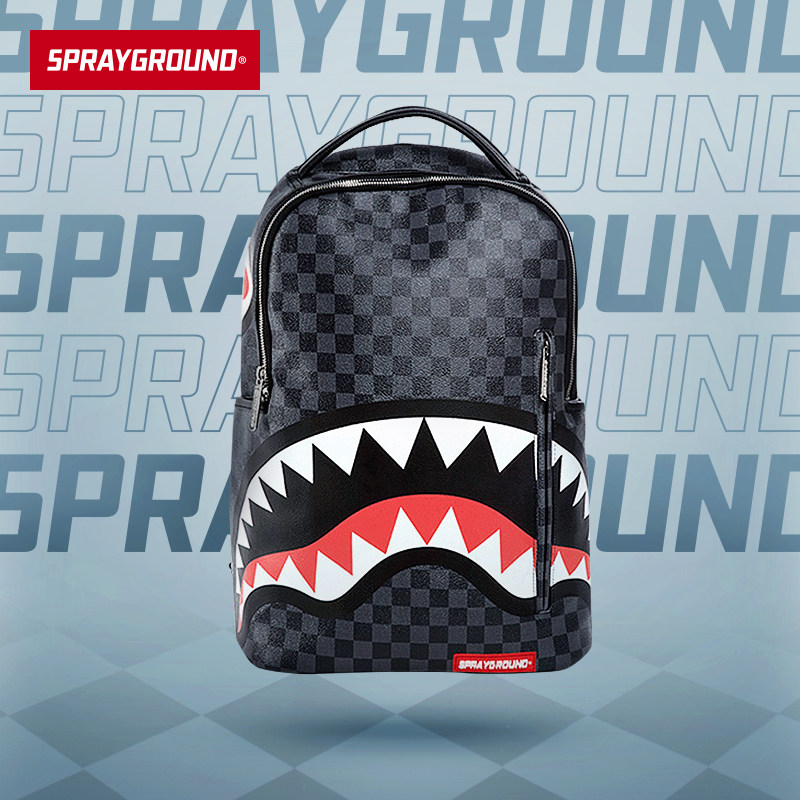 sprayground方格迷彩鲨鱼经典 男女潮牌双肩背包电脑包书包大号 款
