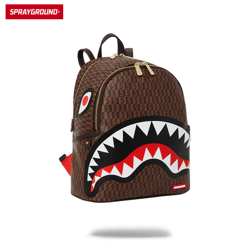 sprayground新款包包复古棋盘格双肩包大容量鲨鱼学生书包双肩背包