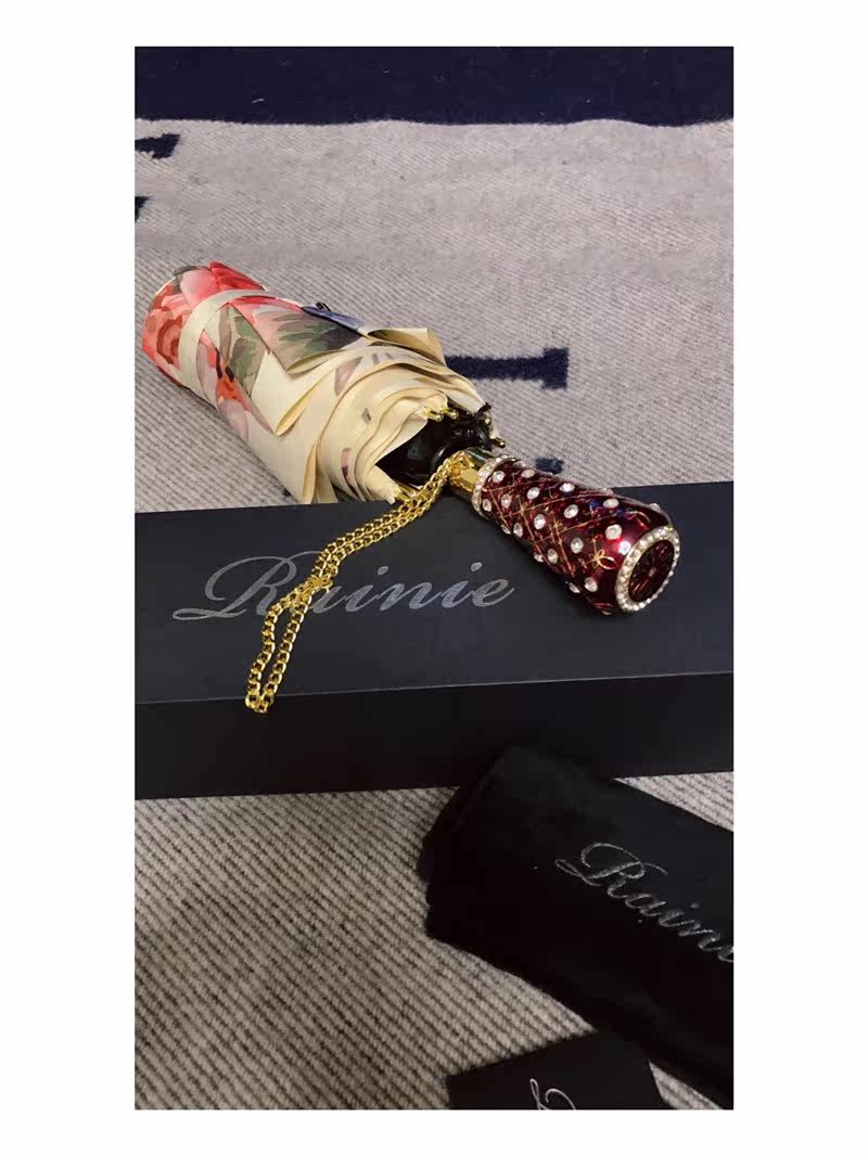 rainie雷尼折叠伞钻石手柄奢华遮阳伞牡丹花防晒防紫外线女神三折