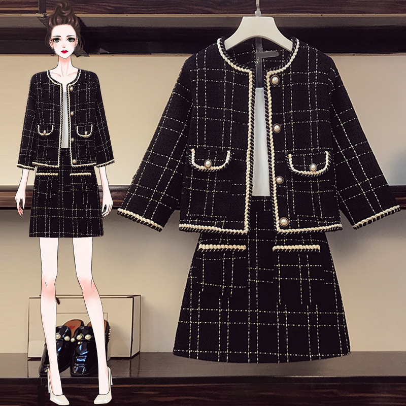 大码女装2022春秋装新款胖妹妹小香风外套时尚减龄显瘦两件套装裙