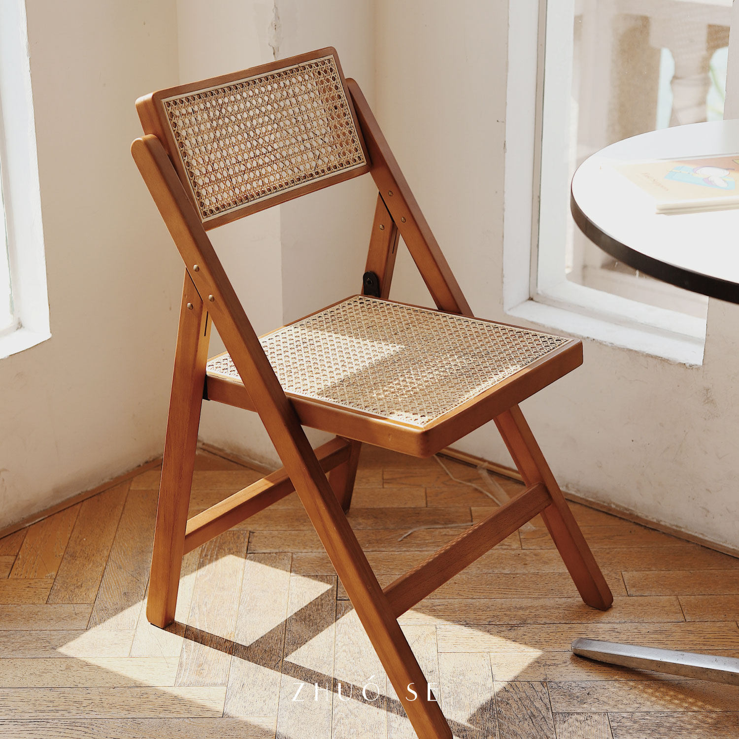 zhuose复古榉木实木椅子靠背椅ins折叠椅家用北欧餐桌椅藤