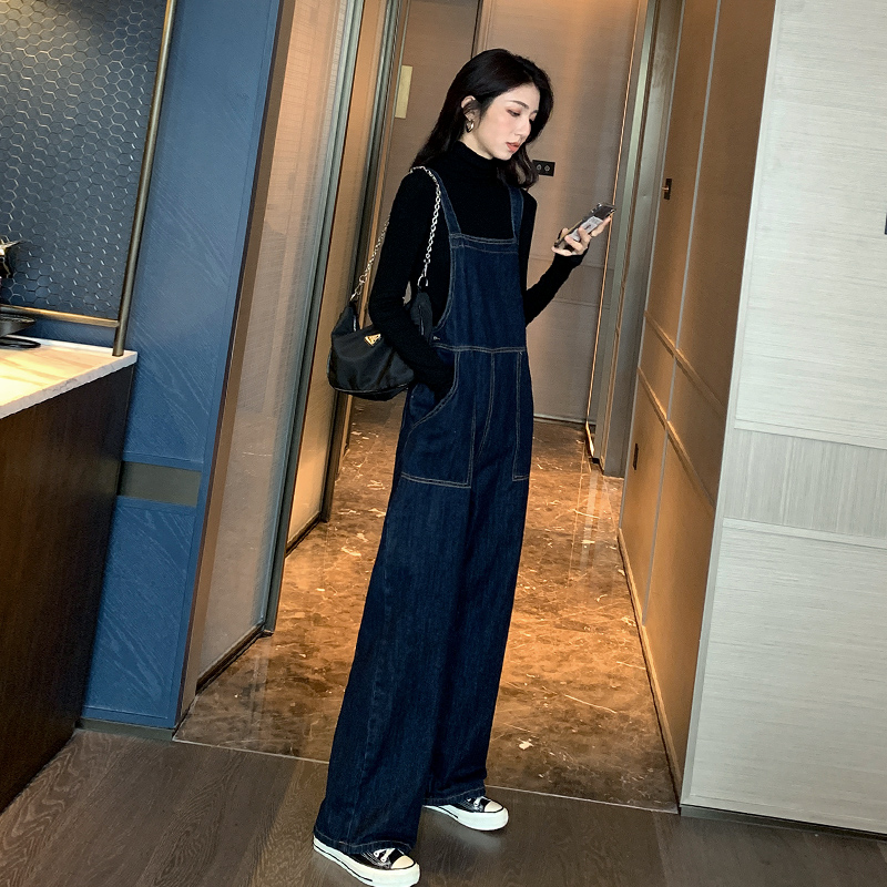泫雅拖地牛仔背带裤女2022春秋新款韩版宽松小个子洋气减龄连体裤