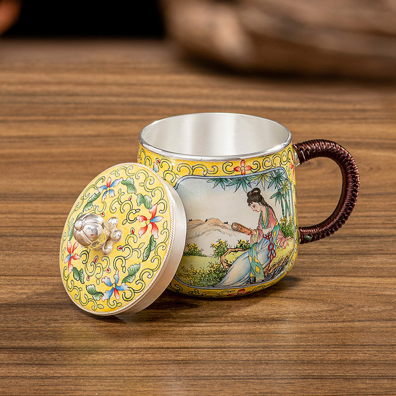 归银堂纯银999茶缸杯纯手工画珐琅手绘仕女图银茶杯银水杯大师级