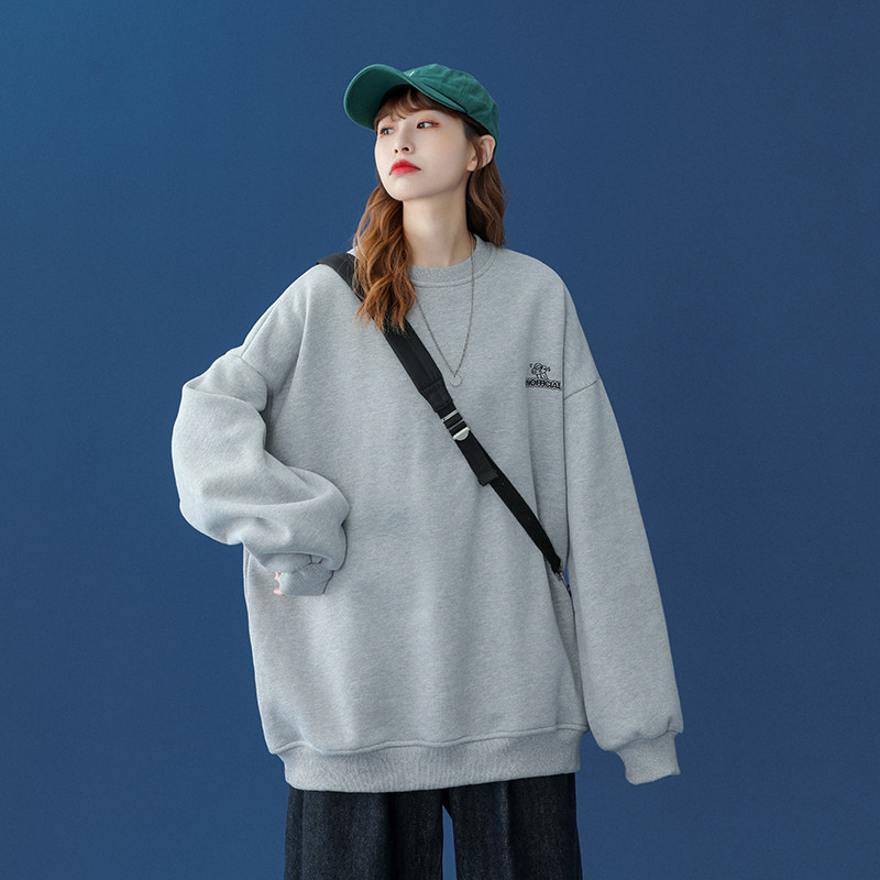 圆领卫衣女春秋薄款外套2021新款韩版宽松纯色卫衣