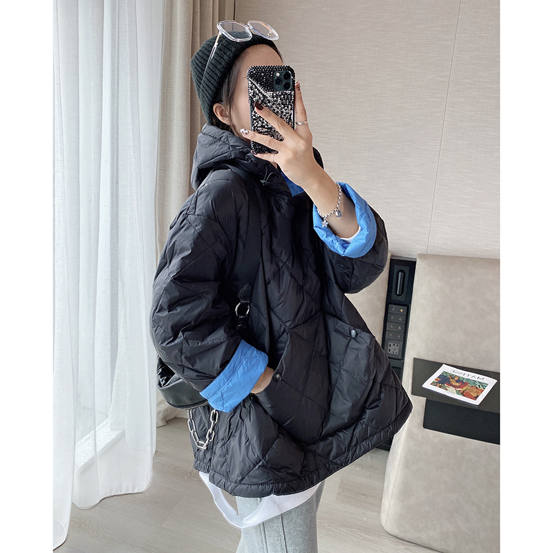 黑色卫衣羽绒服女连宽松轻薄休闲菱格羽绒服