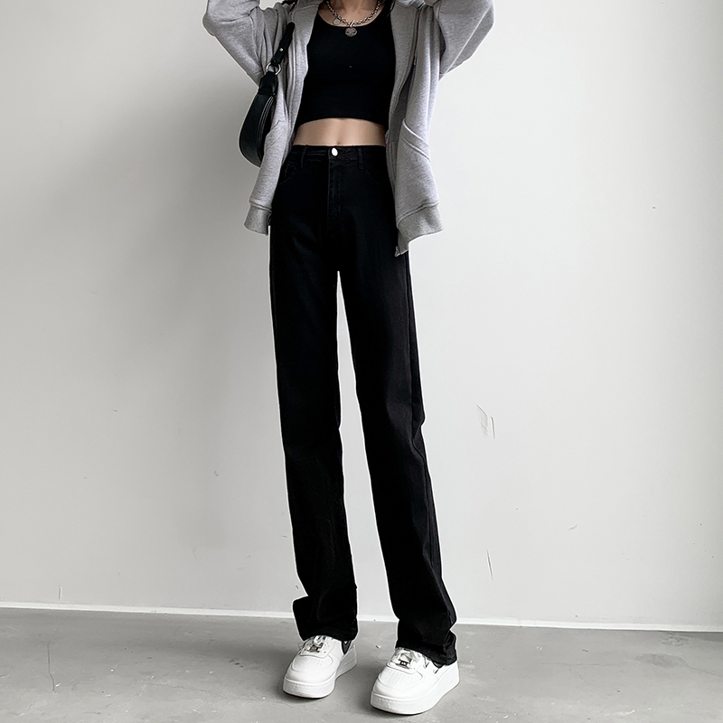 黑色直筒牛仔裤女春秋2021秋冬新款高腰显瘦加长高个子加绒烟管裤