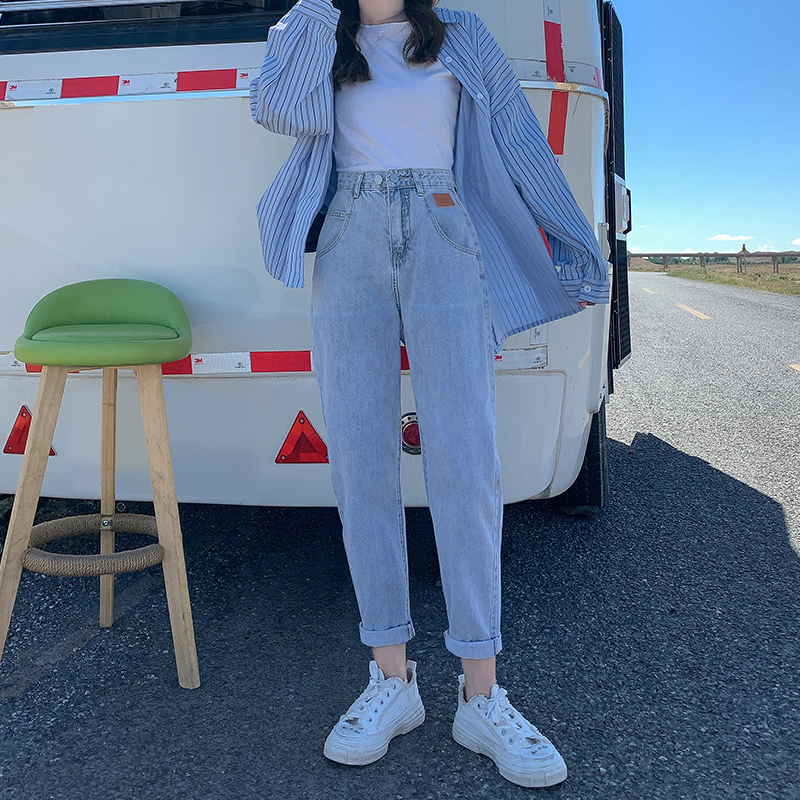 哈伦牛仔裤女春装2022新款大码胖mm小个子宽松高腰显瘦老爹萝卜裤