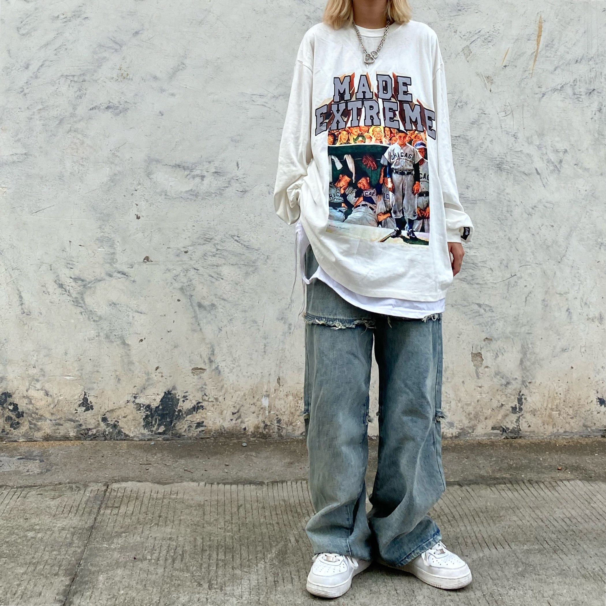 打怪美式暗黑高街棒球印花长袖oversize嘻哈情侣t恤