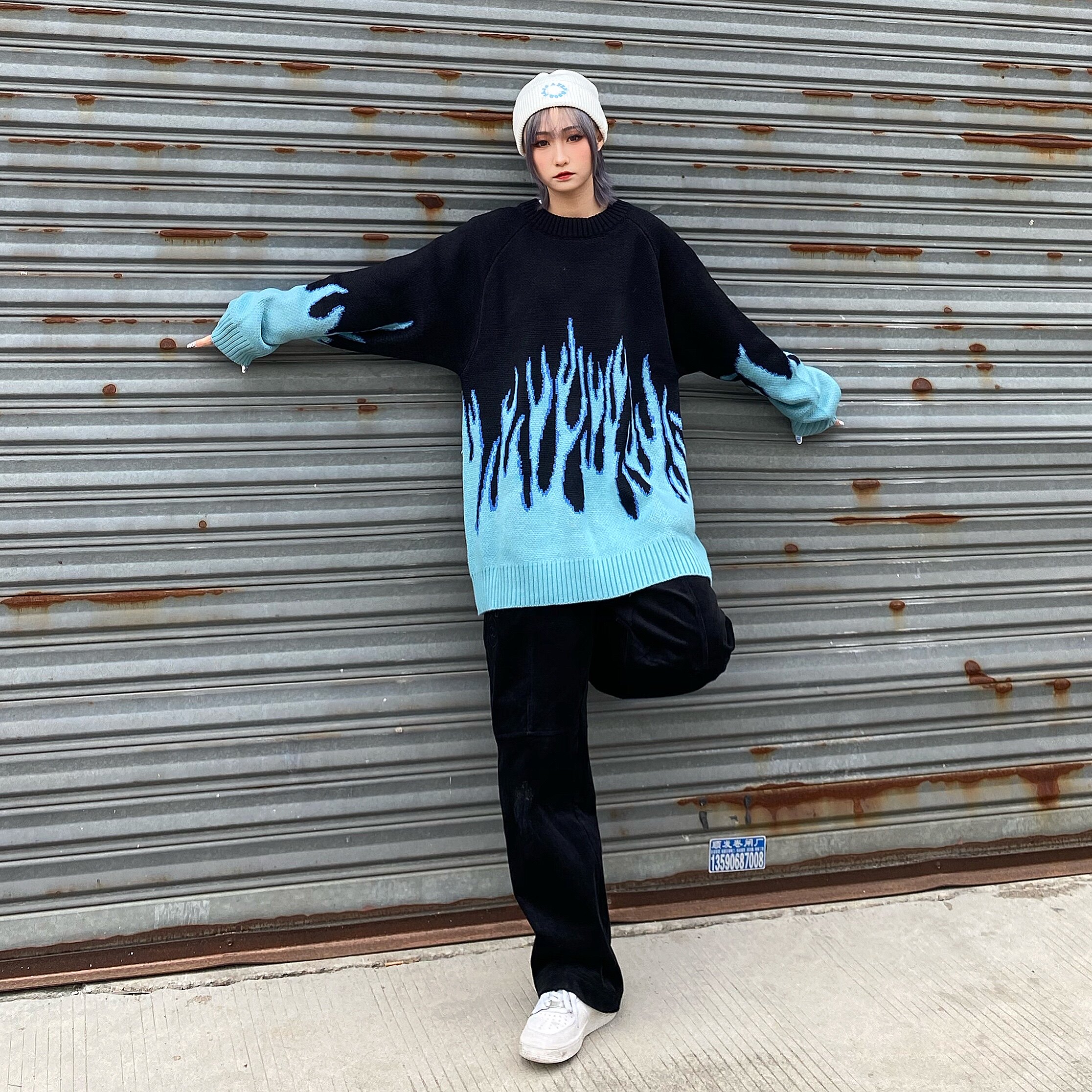 打怪欧美美高街圆领嘻哈慵懒火焰针织毛衣oversize针织衫