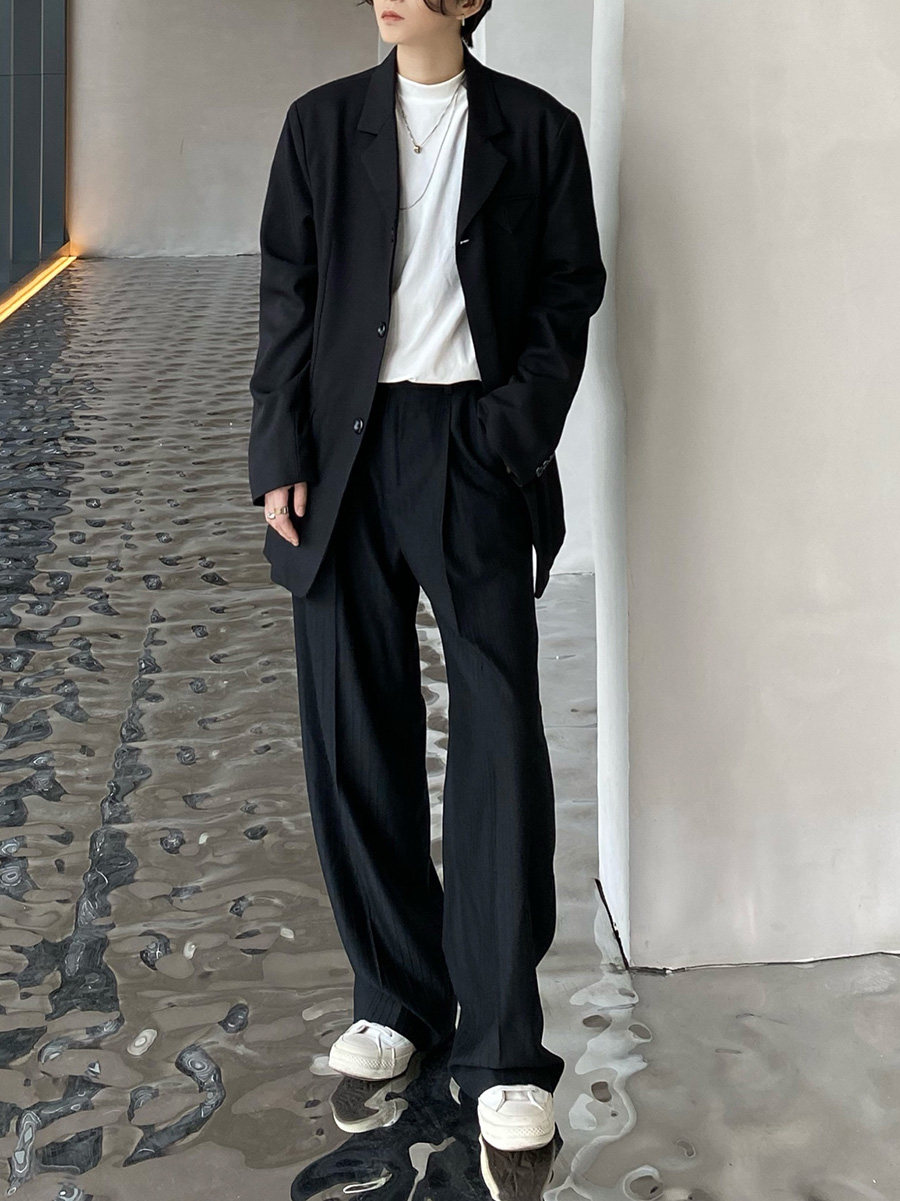 潮流显高黑色条纹西裤男阔腿裤直筒宽松休闲休闲裤