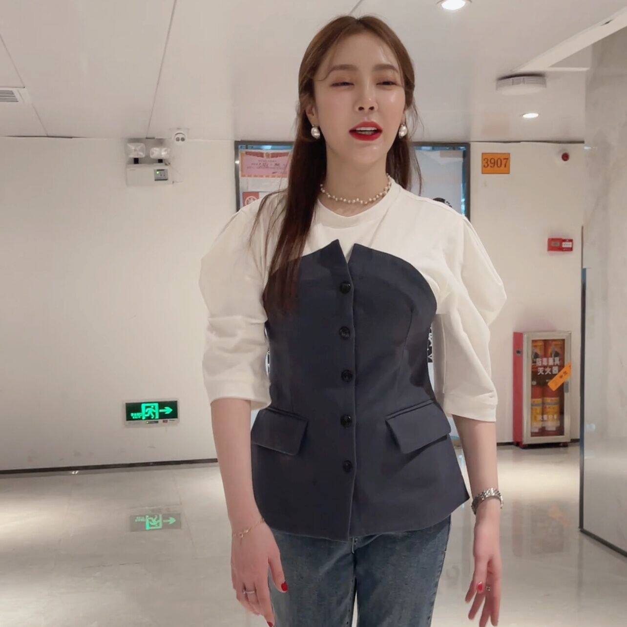 ace韩国欧尼2021新款七分袖t恤女韩版时仁休闲百搭圆领上衣潮7338