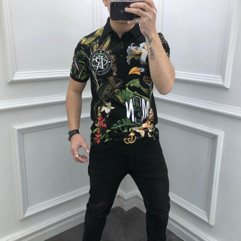 欧货夏季时尚高端轻奢印花翻领Polo衫男短袖修身潮牌保罗休闲半袖