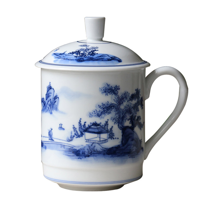 红叶陶瓷景德镇青花瓷带盖办公室泡茶茶杯个人专用茶杯