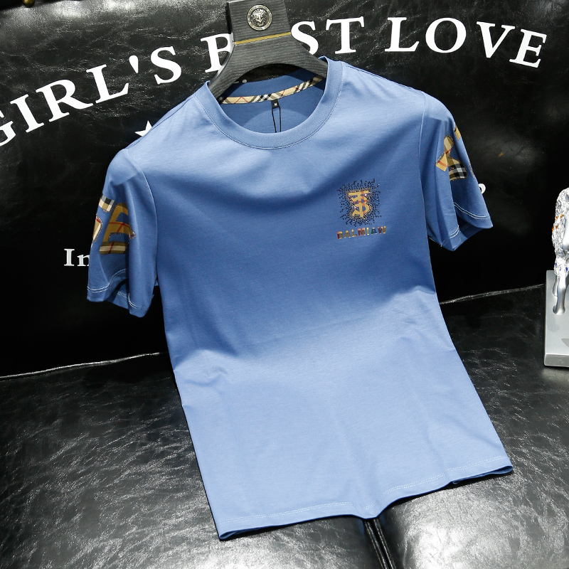 2022夏季薄款潮流丝光棉烫钻印花圆领体恤男青年修身透气短袖T恤