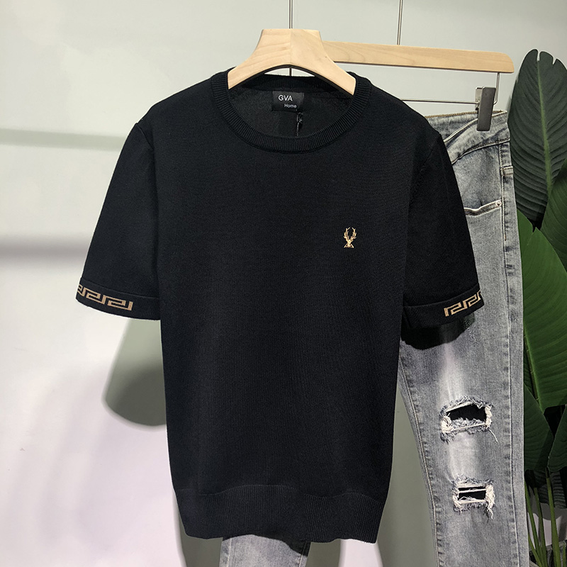 男士短袖毛衣鹿头2021春秋季潮男毛线衣半袖针织衫韩版修身毛衫潮