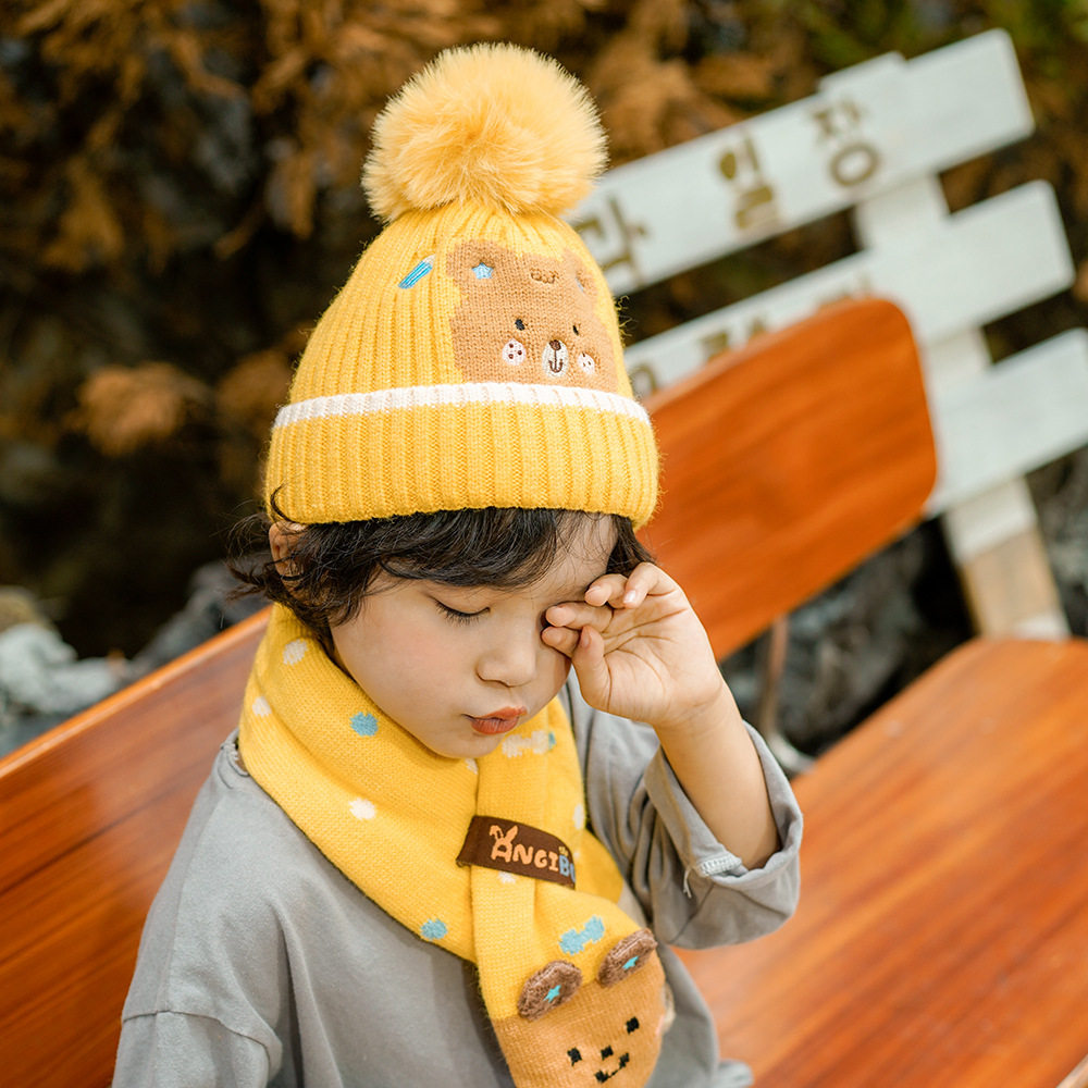 韩国儿童帽子围巾可爱毛球卡通男童女孩毛线帽子