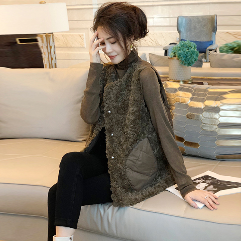 拼接羽绒仿羊羔毛马甲女坎肩短款背心马夹外套秋冬2021新款欧洲站