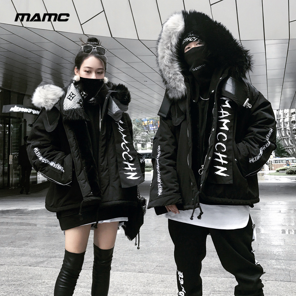 MAMC国潮阴阳雕拼色3M棉衣嘻哈外套情侣装男宽松加厚加绒冬季棉服