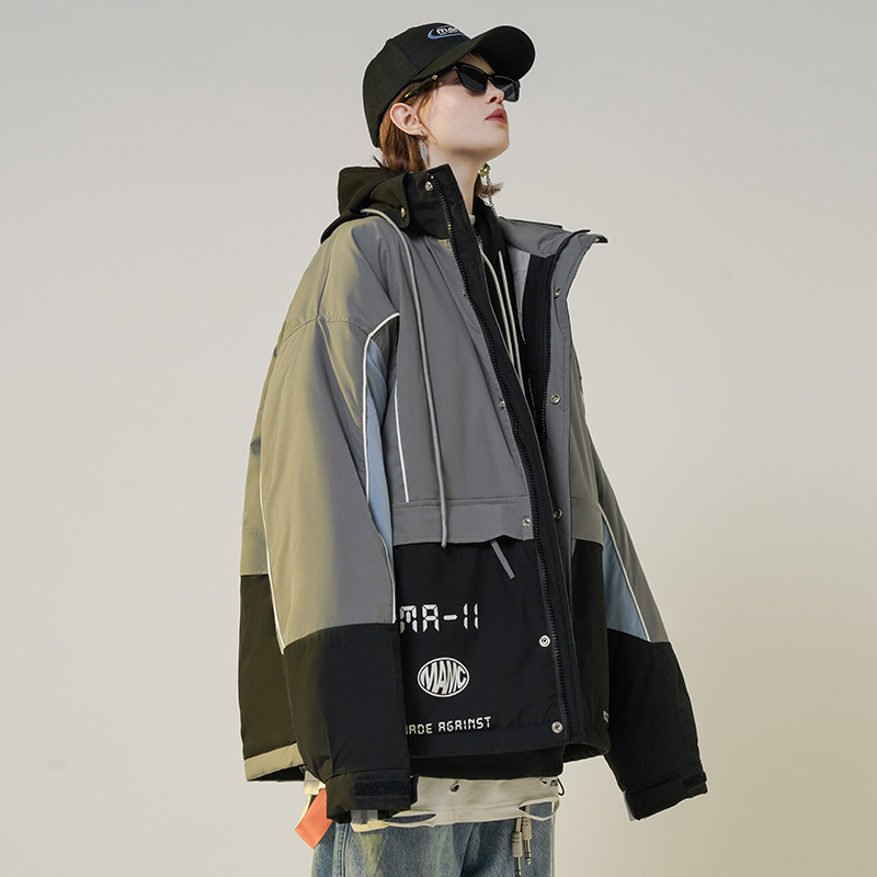 MAMC运动拼色棉服工装机能风宽松中长款oversize女国潮新款外套男