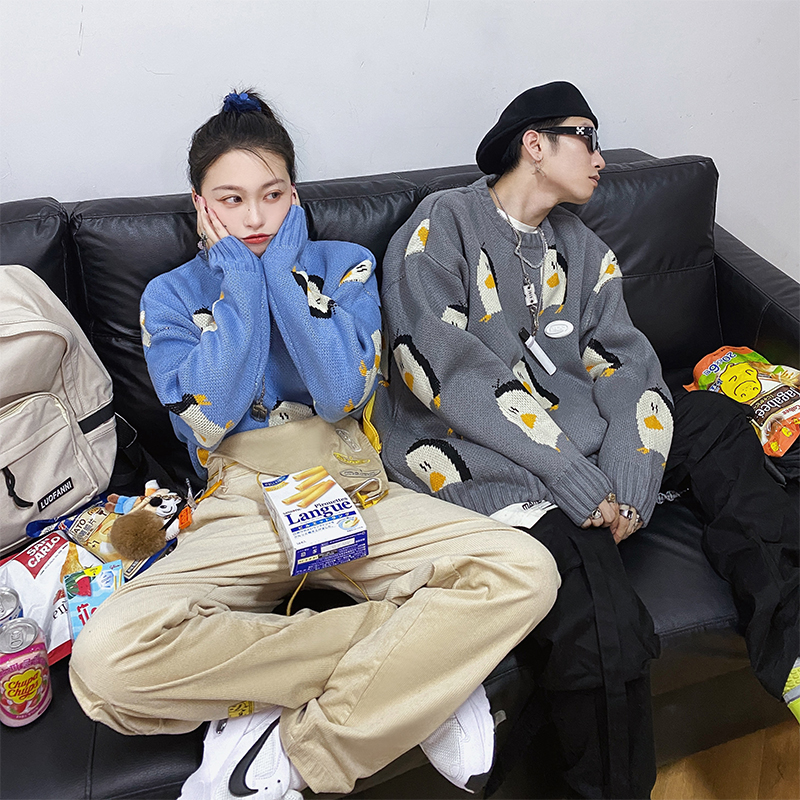 MAMC满印小企鹅毛衣男女春秋潮流情侣款圆领羊毛绒百搭加厚针织衫