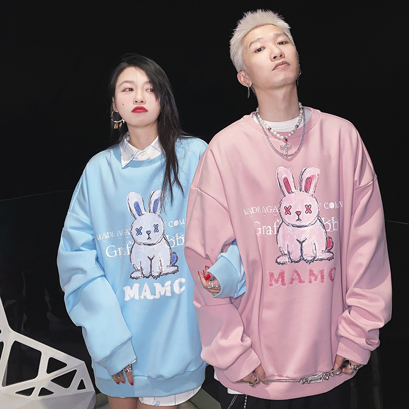 MAMC涂鸦兔圆领卫衣情侣装春装潮流牌宽松男女春秋款潮流加绒外套