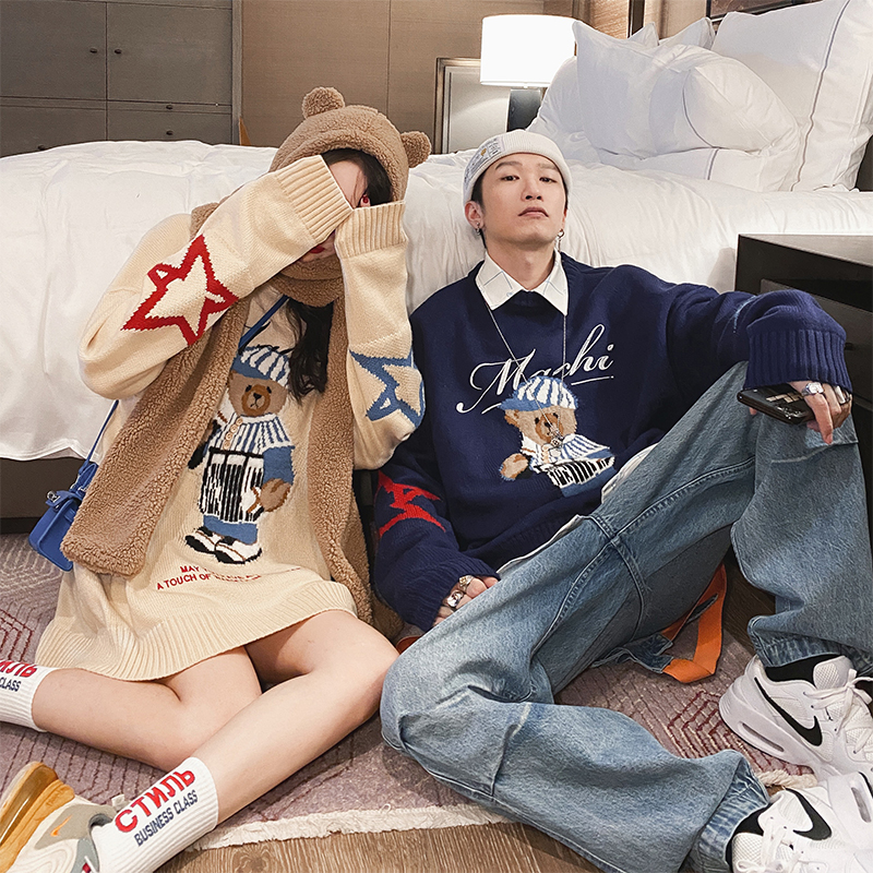 MAMC棒球小熊毛衣圆领针织衫情侣装宽松外套男女慵懒春秋新款打底