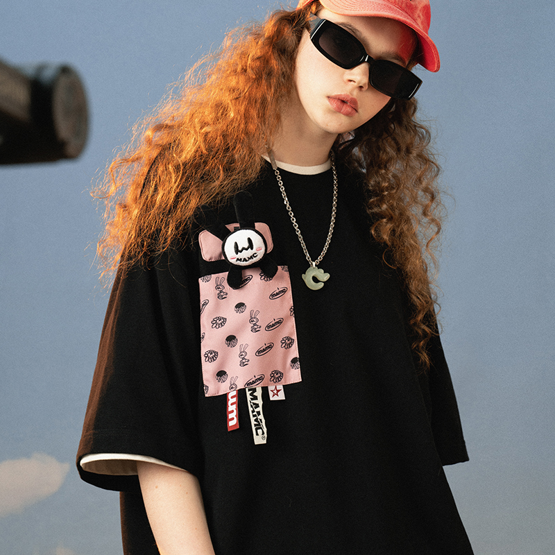 MAMC么么兔胸针口袋短袖男ins国潮牌T恤女炸街春夏季2022新款上衣