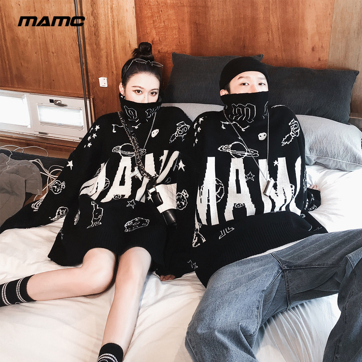 MAMC太空满印高领毛衣男潮牌嘻哈宽松针织衫秋季外套情侣款ins风