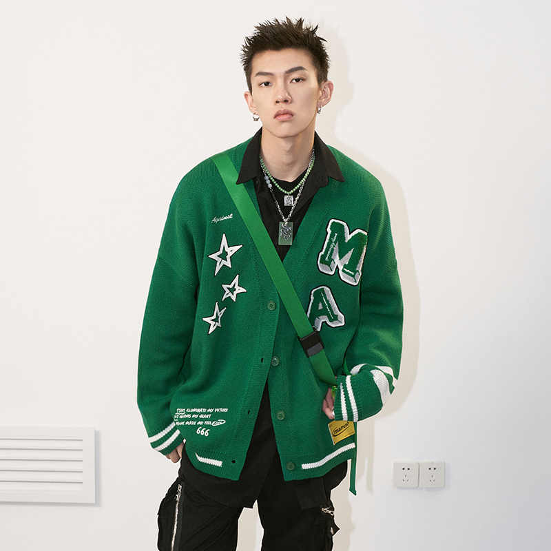 MAMC美式星星学院毛衣开衫外套国潮原创oversize宽松针织衫情侣装